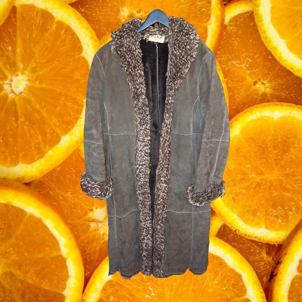 Talk of the Walk Atlantic City Grey Suede Faux Fur Trim Long Afghan Coat Large
